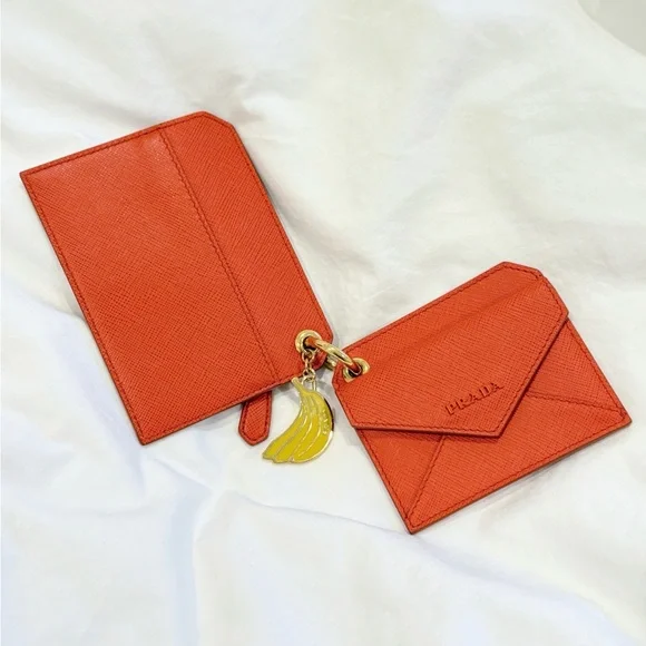 Prada Orange Saffiano Leather Banana Charm Keychain Wallet Card Case - Picture 3 of 9